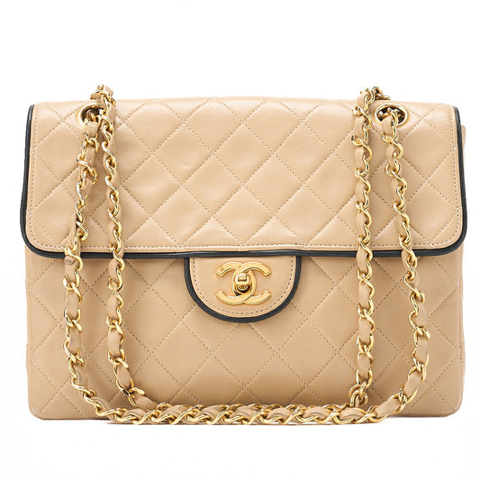 CHANEL Matelasse Single Plap Chain Shoulder Beige x Black Gold-Tone Hardware, Pre-Owned