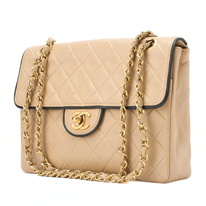 CHANEL Matelasse Single Plap Chain Shoulder Beige x Black Gold-Tone Hardware, Pre-Owned