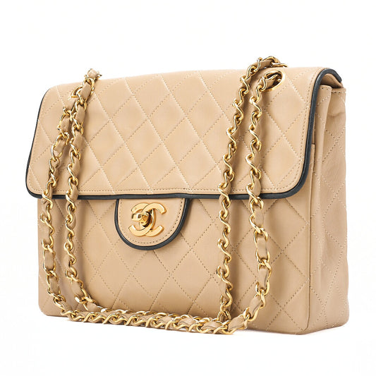 CHANEL Matelasse Single Plap Chain Shoulder Beige x Black Gold-Tone Hardware, Pre-Owned