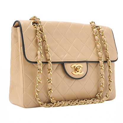 CHANEL Matelasse Single Plap Chain Shoulder Beige x Black Gold-Tone Hardware, Pre-Owned