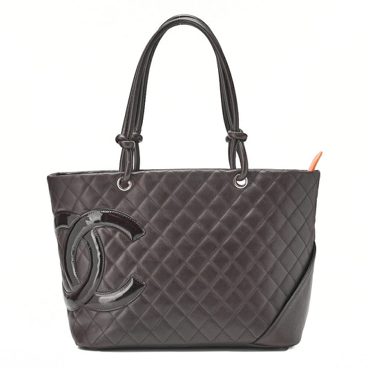 CHANEL Cambonline Calf Leather x Enamel Large Tote Bag Brown x Black Silver-Tone Hardware, Pre-Owned