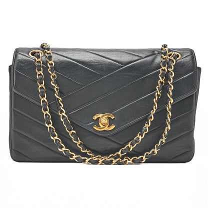 CHANEL Lambskin Bias Stitch Turn Lock Chain Shoulder Black Gold-Tone Hardware, Pre-Owned