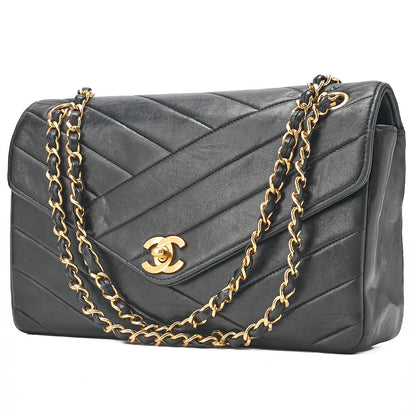 CHANEL Lambskin Bias Stitch Turn Lock Chain Shoulder Black Gold-Tone Hardware, Pre-Owned