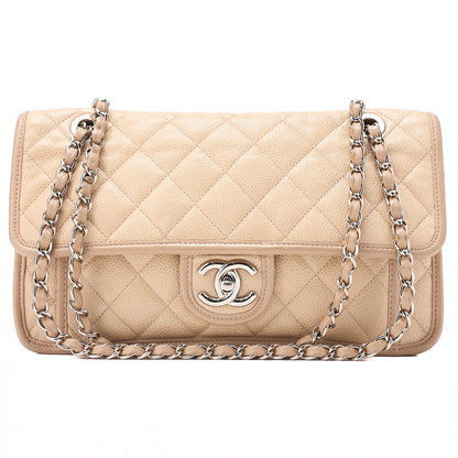 CHANEL Caviar Skin French Riviera Single Flap Chain Shoulder Bag Beige Silver-Tone Hardware, Pre-Owned