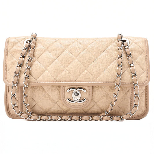 CHANEL キャビアスキン フレンチリビエラ シングル フラップ チェーンショルダーバッグ ベージュ シルバー金具 中古品