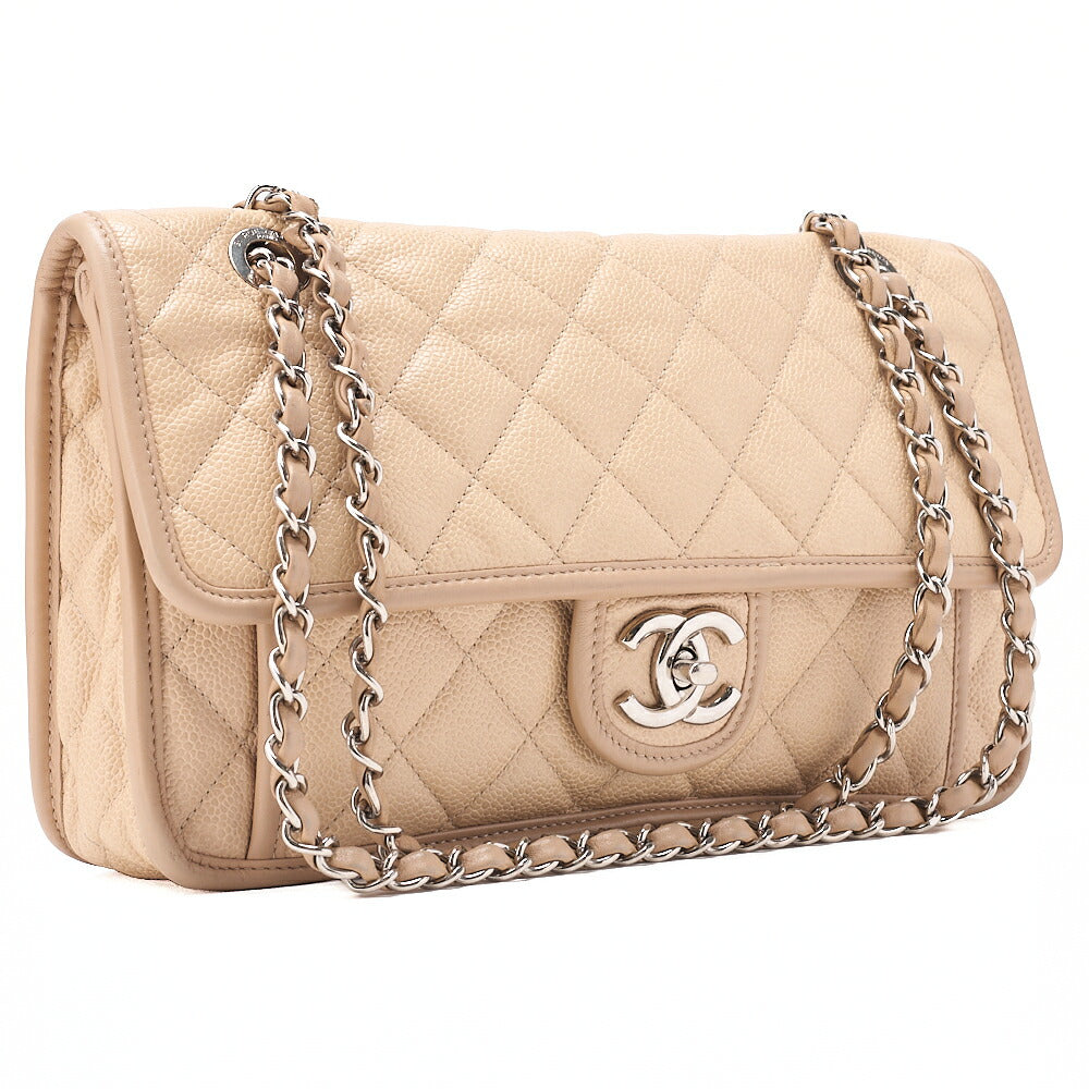 CHANEL Caviar Skin French Riviera Single Flap Chain Shoulder Bag Beige Silver-Tone Hardware, Pre-Owned