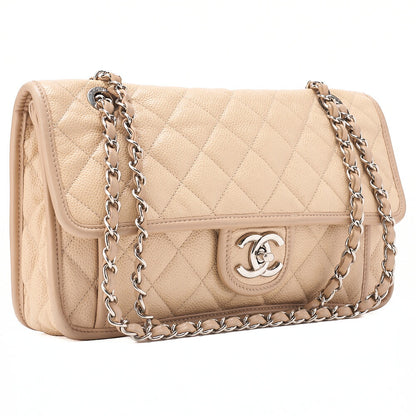 CHANEL Caviar Skin French Riviera Single Flap Chain Shoulder Bag Beige Silver-Tone Hardware, Pre-Owned