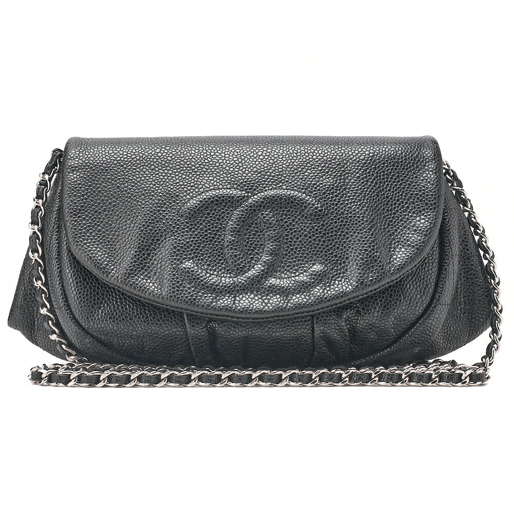 CHANEL Caviar Skin Coco Mark Half Moon Chain Wallet Black Silver-Tone Hardware, Pre-Owned