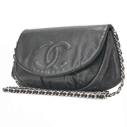 CHANEL Caviar Skin Coco Mark Half Moon Chain Wallet Black Silver-Tone Hardware, Pre-Owned