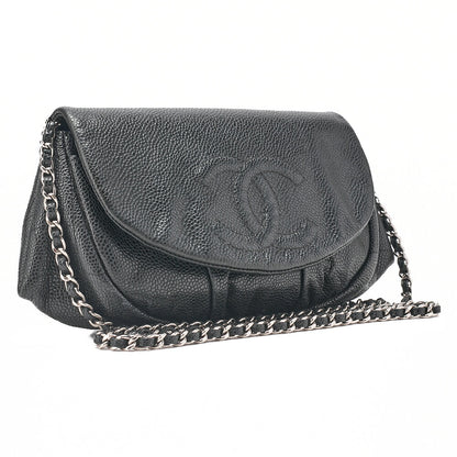 CHANEL Caviar Skin Coco Mark Half Moon Chain Wallet Black Silver-Tone Hardware, Pre-Owned