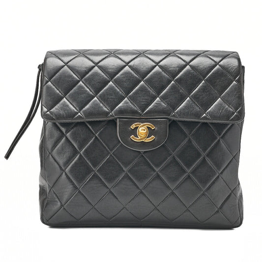 CHANEL Lambskin Matelasse Turn Lock Chain Backpack Black Gold-Tone Hardware, Pre-Owned