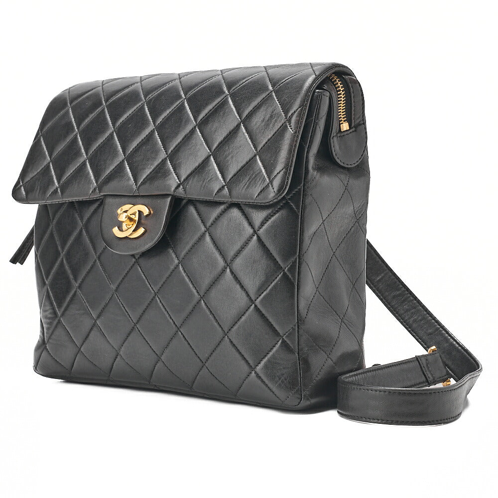 CHANEL Lambskin Matelasse Turn Lock Chain Backpack Black Gold-Tone Hardware, Pre-Owned