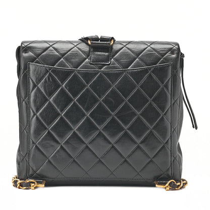 CHANEL Lambskin Matelasse Turn Lock Chain Backpack Black Gold-Tone Hardware, Pre-Owned