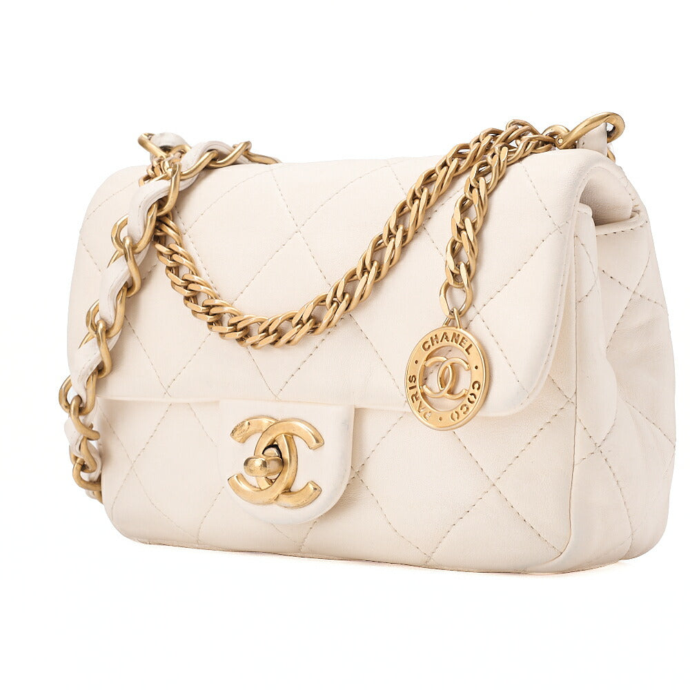 CHANEL Lambskin Minimat Telass? with Charm 2-Way Chain Shoulder White Gold-Tone Hardware, Pre-Owned