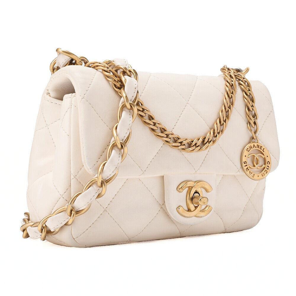 CHANEL Lambskin Minimat Telass? with Charm 2-Way Chain Shoulder White Gold-Tone Hardware, Pre-Owned