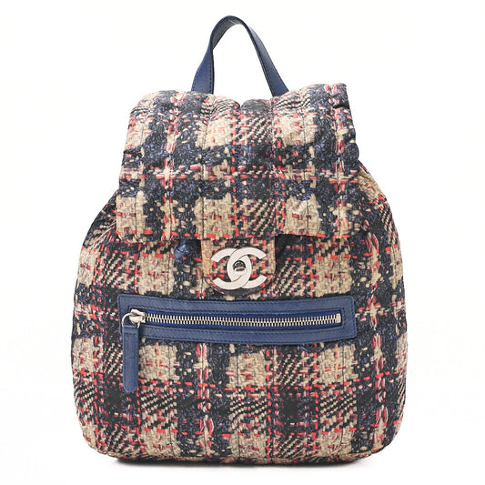 CHANEL ナイロンxラムスキン ツイードプリント ターンロック チェーンバックパック バイカラー シルバー金具 中古品