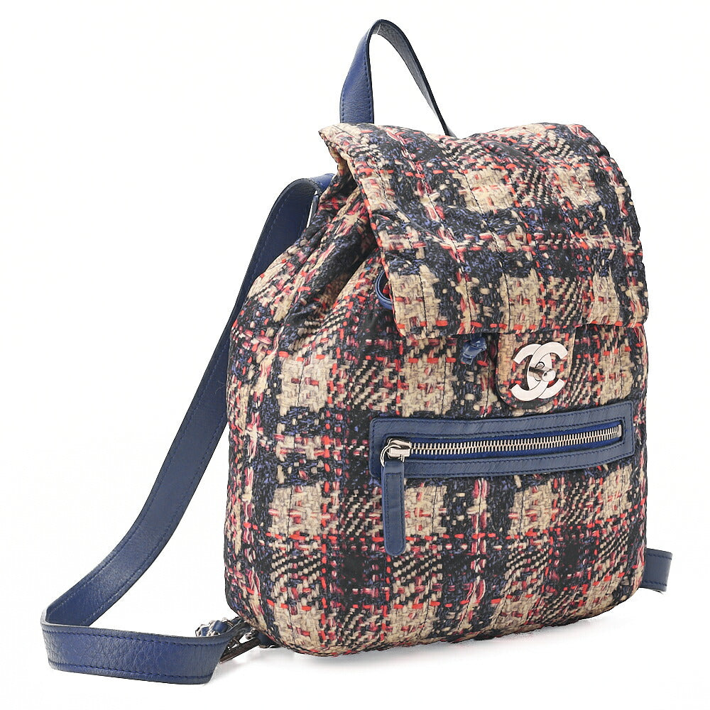 CHANEL Nylon x Lambskin Tweed Print Turn Lock Chain Backpack Bicolor Silver-Tone Hardware, Pre-Owned
