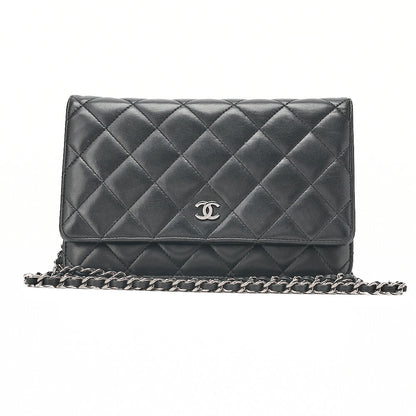 CHANEL Matelasse Chain Wallet Lambskin Black Silver-Tone Hardware, Pre-Owned