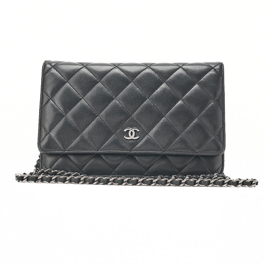 CHANEL Matelasse Chain Wallet Lambskin Black Silver-Tone Hardware, Pre-Owned