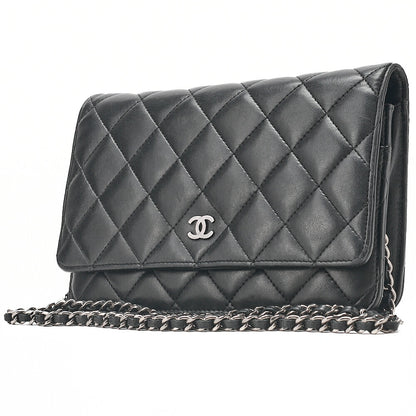 CHANEL Matelasse Chain Wallet Lambskin Black Silver-Tone Hardware, Pre-Owned