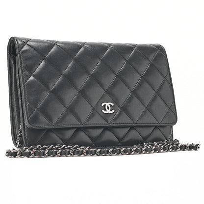CHANEL Matelasse Chain Wallet Lambskin Black Silver-Tone Hardware, Pre-Owned