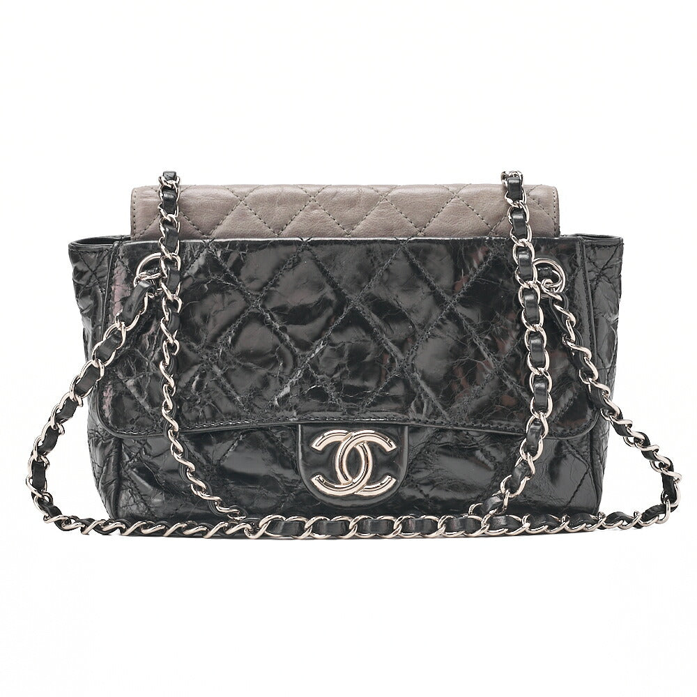 CHANEL Vintage Calf x Sparkle Leather Matelasse Push Lock Chain Tote Bag Black x Gray Silver-Tone Hardware, Pre-Owned