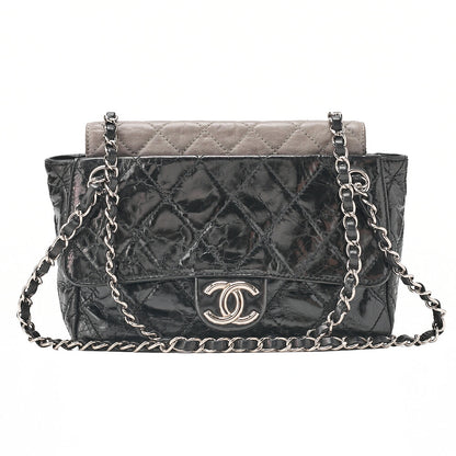 CHANEL Vintage Calf x Sparkle Leather Matelasse Push Lock Chain Tote Bag Black x Gray Silver-Tone Hardware, Pre-Owned