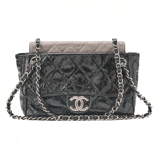 CHANEL Vintage Calf x Sparkle Leather Matelasse Push Lock Chain Tote Bag Black x Gray Silver-Tone Hardware, Pre-Owned