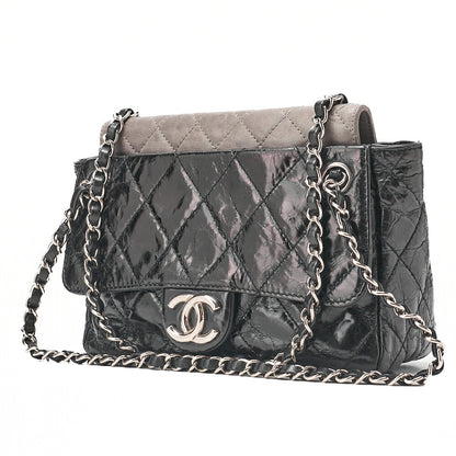 CHANEL Vintage Calf x Sparkle Leather Matelasse Push Lock Chain Tote Bag Black x Gray Silver-Tone Hardware, Pre-Owned