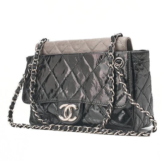CHANEL Vintage Calf x Sparkle Leather Matelasse Push Lock Chain Tote Bag Black x Gray Silver-Tone Hardware, Pre-Owned
