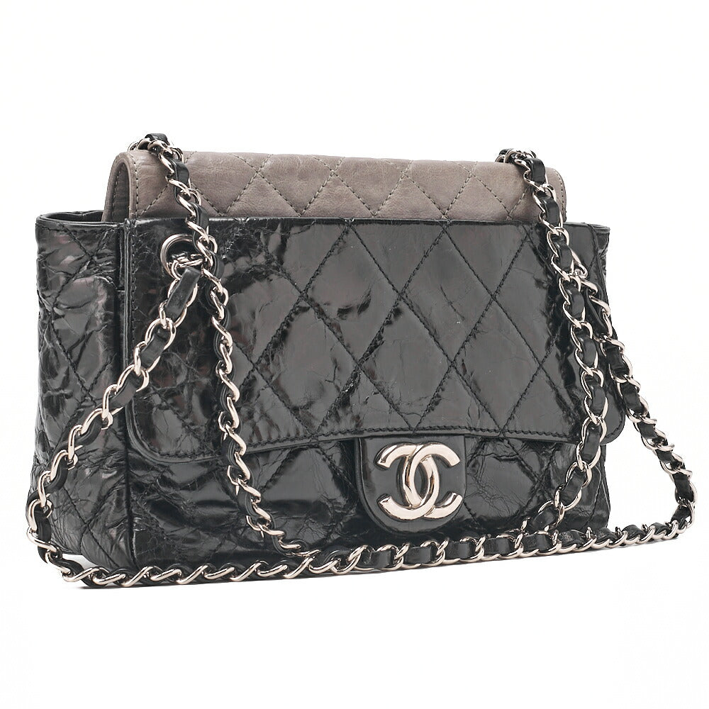CHANEL Vintage Calf x Sparkle Leather Matelasse Push Lock Chain Tote Bag Black x Gray Silver-Tone Hardware, Pre-Owned