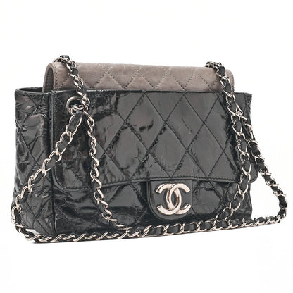 CHANEL Vintage Calf x Sparkle Leather Matelasse Push Lock Chain Tote Bag Black x Gray Silver-Tone Hardware, Pre-Owned