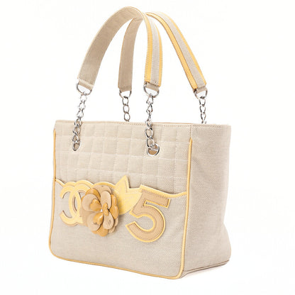 CHANEL Tote Bag Choco Bar Camellia No.5 Canvas Yellow x Beige Silver-Tone Hardware, Pre-Owned