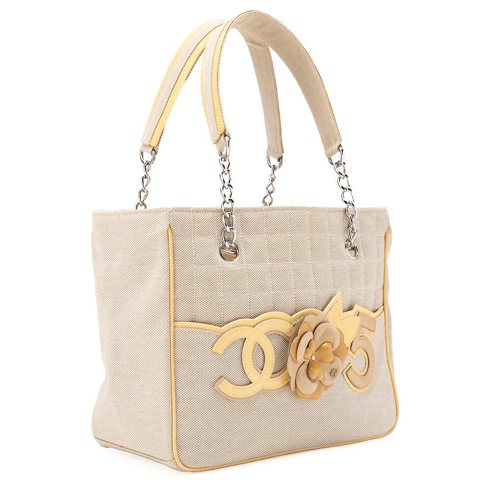 CHANEL Tote Bag Choco Bar Camellia No.5 Canvas Yellow x Beige Silver-Tone Hardware, Pre-Owned