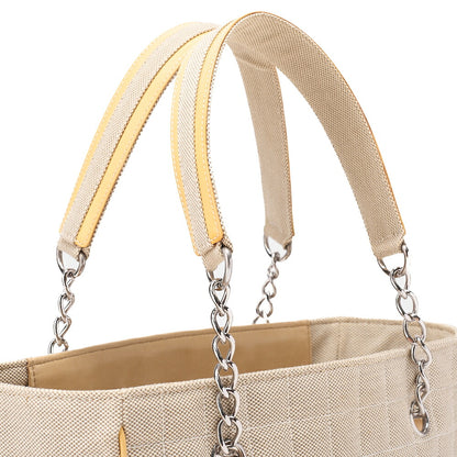 CHANEL Tote Bag Choco Bar Camellia No.5 Canvas Yellow x Beige Silver-Tone Hardware, Pre-Owned