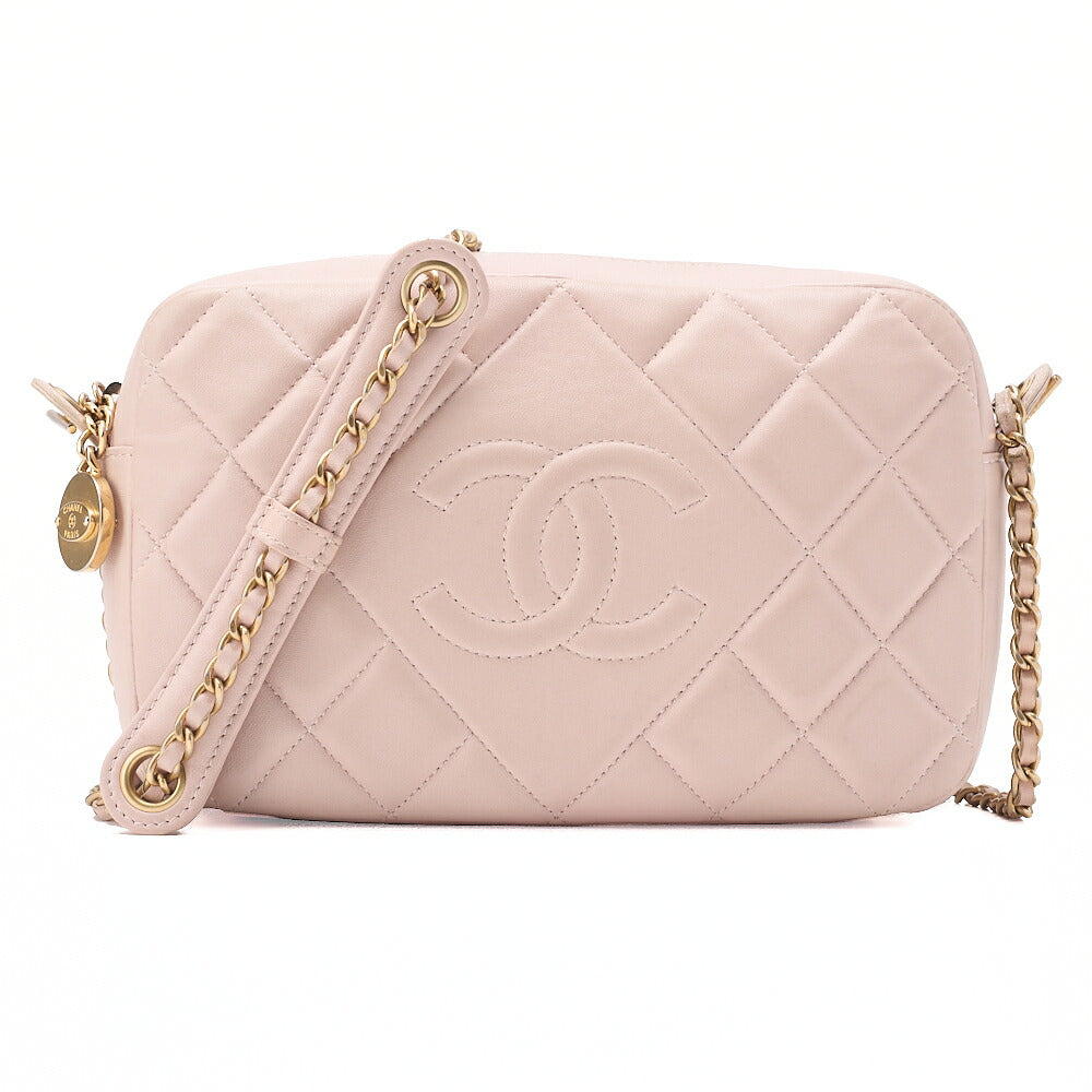 CHANEL Lambskin Matelasse Plate Charm Chain Shoulder Pink Gold-Tone Hardware, Pre-Owned