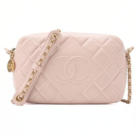 CHANEL Lambskin Matelasse Plate Charm Chain Shoulder Pink Gold-Tone Hardware, Pre-Owned
