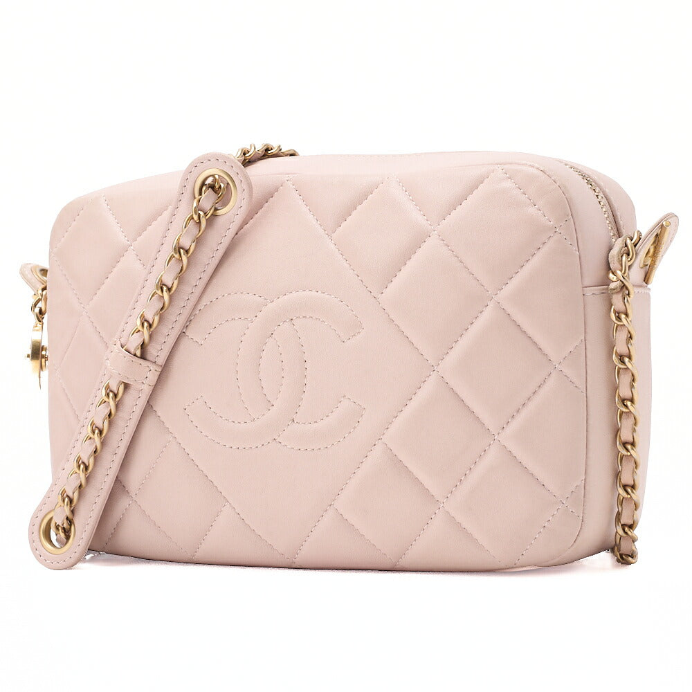 CHANEL Lambskin Matelasse Plate Charm Chain Shoulder Pink Gold-Tone Hardware, Pre-Owned