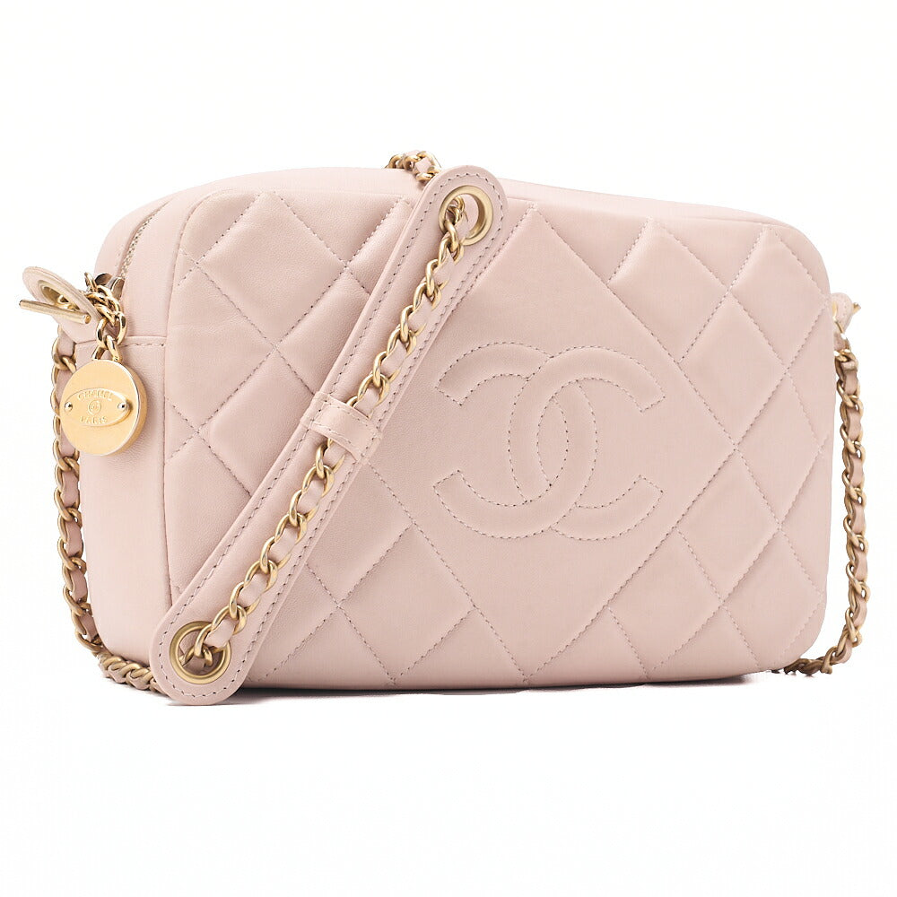 CHANEL Lambskin Matelasse Plate Charm Chain Shoulder Pink Gold-Tone Hardware, Pre-Owned