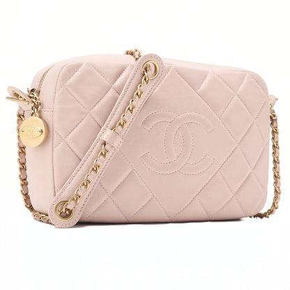 CHANEL Lambskin Matelasse Plate Charm Chain Shoulder Pink Gold-Tone Hardware, Pre-Owned