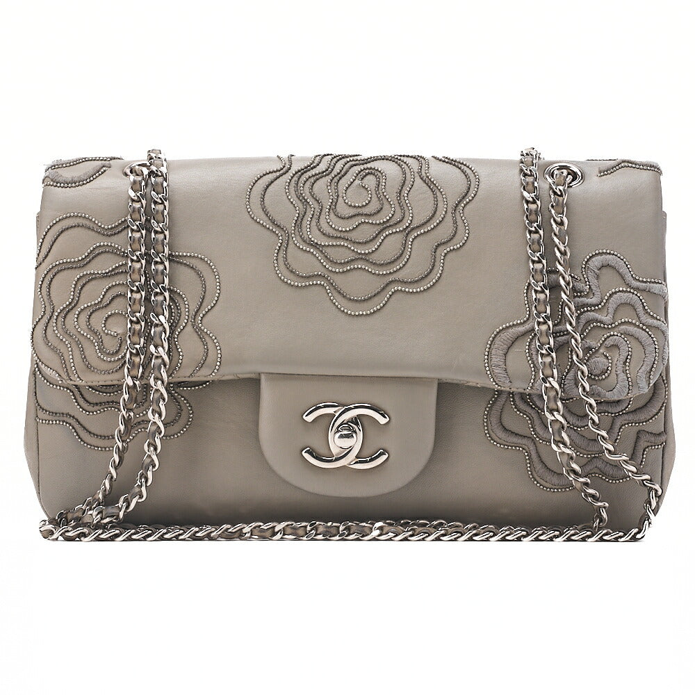 CHANEL Calfskin Follies Beads Embroidery Chain Shoulder Bag Gray Silver-Tone Hardware, Pre-Owned