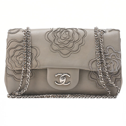 CHANEL Calfskin Follies Beads Embroidery Chain Shoulder Bag Gray Silver-Tone Hardware, Pre-Owned