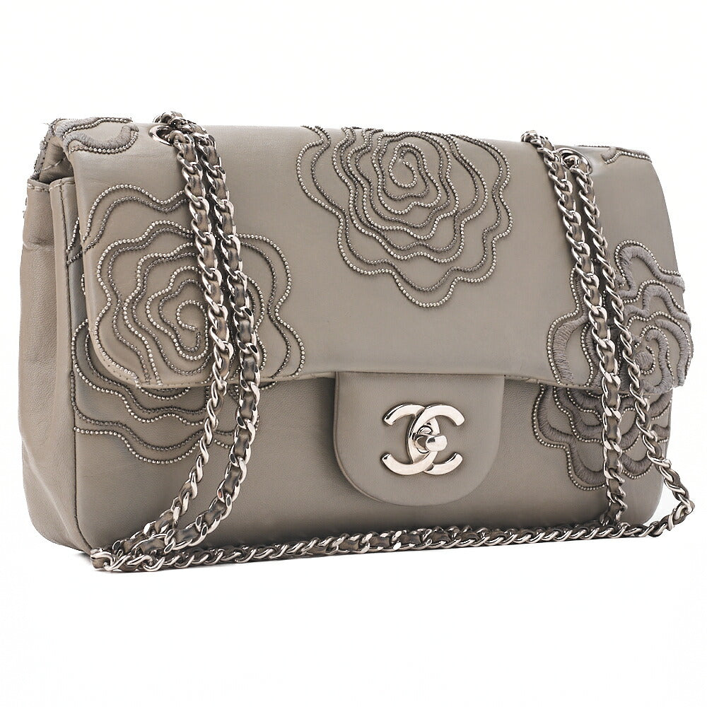 CHANEL Calfskin Follies Beads Embroidery Chain Shoulder Bag Gray Silver-Tone Hardware, Pre-Owned