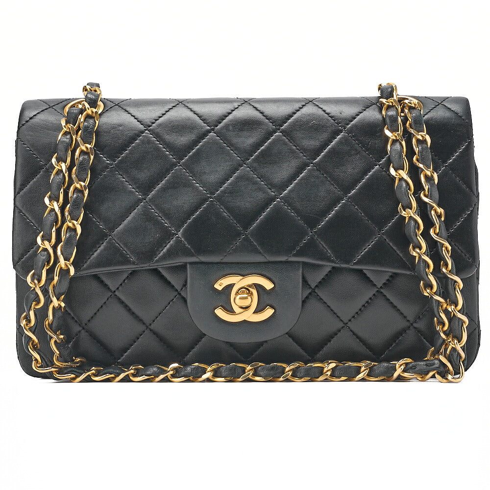 CHANEL Matelasse 23cm Double Flap Chain Shoulder Bag Lambskin Black Gold-Tone Hardware, Pre-Owned