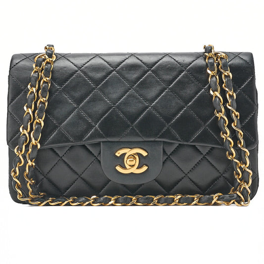 CHANEL Matelasse 23cm Double Flap Chain Shoulder Bag Lambskin Black Gold-Tone Hardware, Pre-Owned