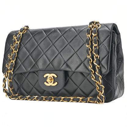 CHANEL Matelasse 23cm Double Flap Chain Shoulder Bag Lambskin Black Gold-Tone Hardware, Pre-Owned