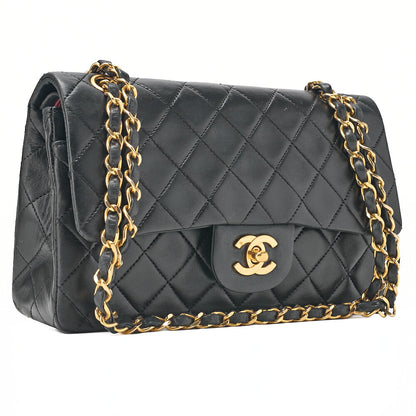 CHANEL Matelasse 23cm Double Flap Chain Shoulder Bag Lambskin Black Gold-Tone Hardware, Pre-Owned