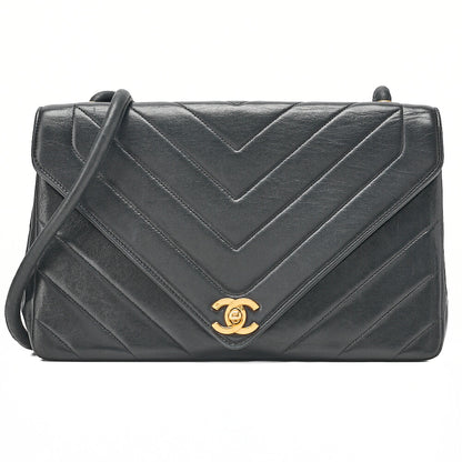 CHANEL Lambskin V-Stitch V-Flap Turn Lock Shoulder Bag Black Gold-Tone Hardware, Pre-Owned