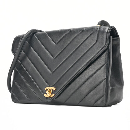 CHANEL Lambskin V-Stitch V-Flap Turn Lock Shoulder Bag Black Gold-Tone Hardware, Pre-Owned
