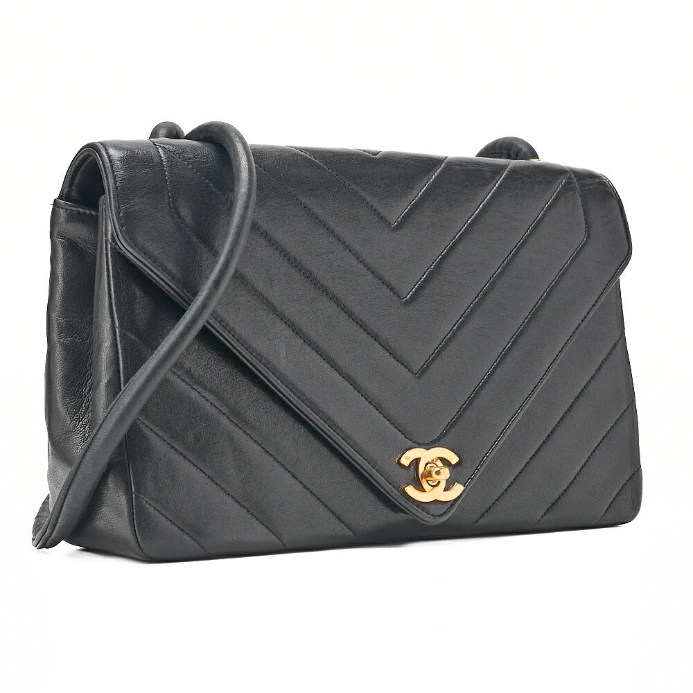 CHANEL Lambskin V-Stitch V-Flap Turn Lock Shoulder Bag Black Gold-Tone Hardware, Pre-Owned